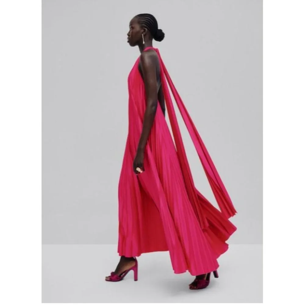 Massimo Dutti Studio Women Halter Maxi Dress S Pleated Pink Fuchsia 9012/952 NWT